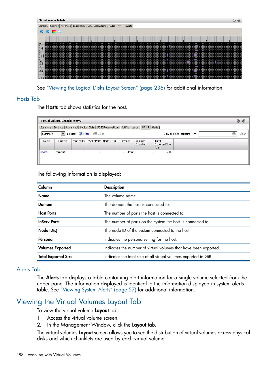 Hosts tab, Alerts tab, Viewing the virtual volumes layout tab | Hosts tab alerts tab | HP 3PAR Operating System Software User Manual | Page 188 / 328