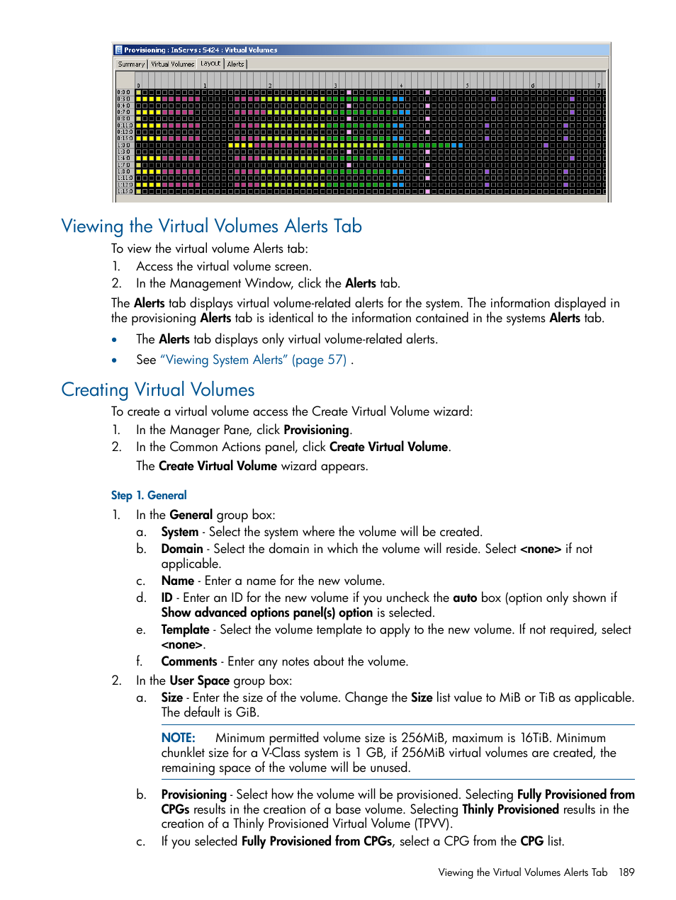 Viewing the virtual volumes alerts tab, Creating virtual volumes | HP 3PAR Operating System Software User Manual | Page 189 / 328