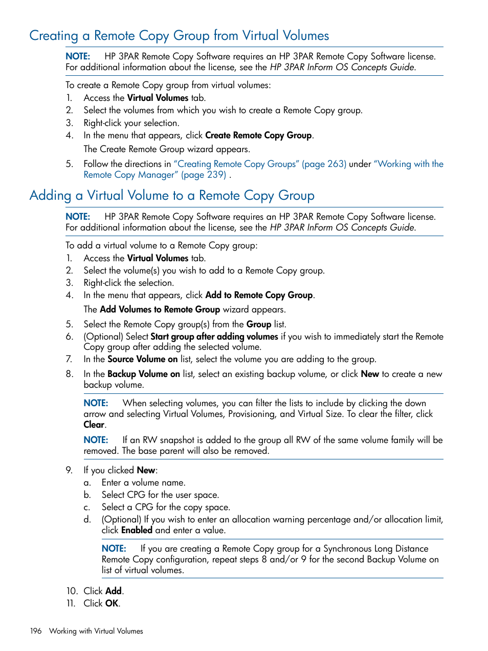 Creating a remote copy group from virtual volumes, Adding a virtual volume to a remote copy group | HP 3PAR Operating System Software User Manual | Page 196 / 328
