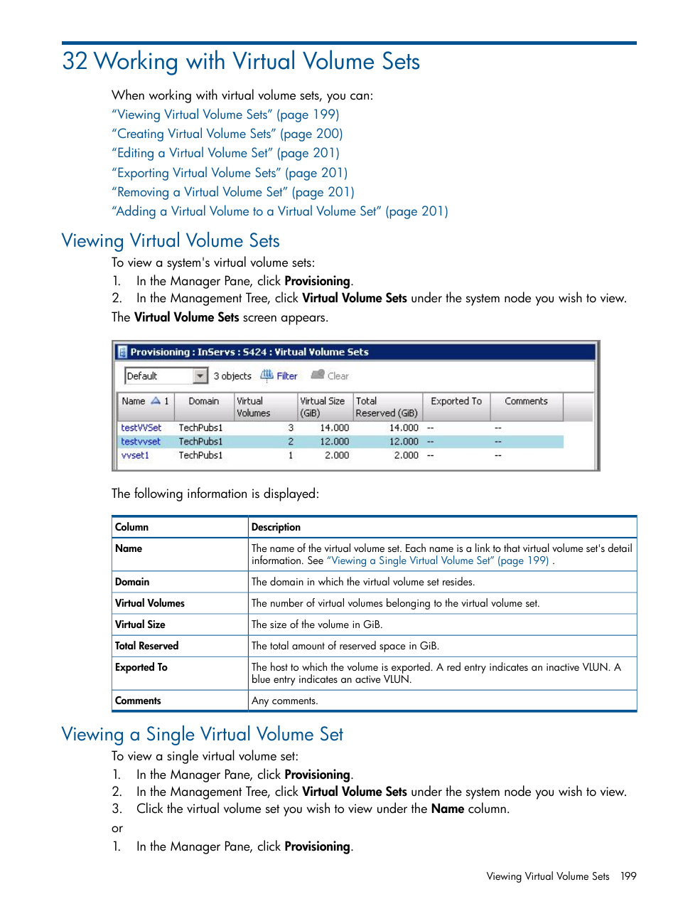 32 working with virtual volume sets, Viewing virtual volume sets, Viewing a single virtual volume set | HP 3PAR Operating System Software User Manual | Page 199 / 328