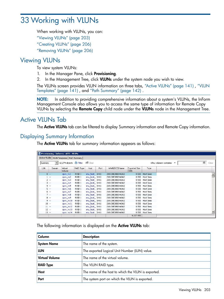 33 working with vluns, Viewing vluns, Active vluns tab | Displaying summary information | HP 3PAR Operating System Software User Manual | Page 203 / 328