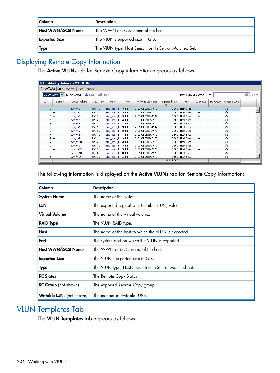 Displaying remote copy information, Vlun templates tab | HP 3PAR Operating System Software User Manual | Page 204 / 328