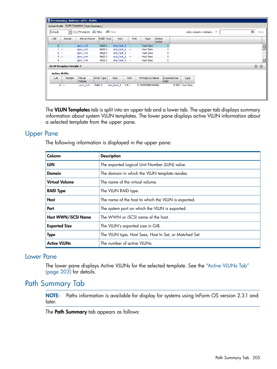 Upper pane, Lower pane, Path summary tab | Upper pane lower pane | HP 3PAR Operating System Software User Manual | Page 205 / 328
