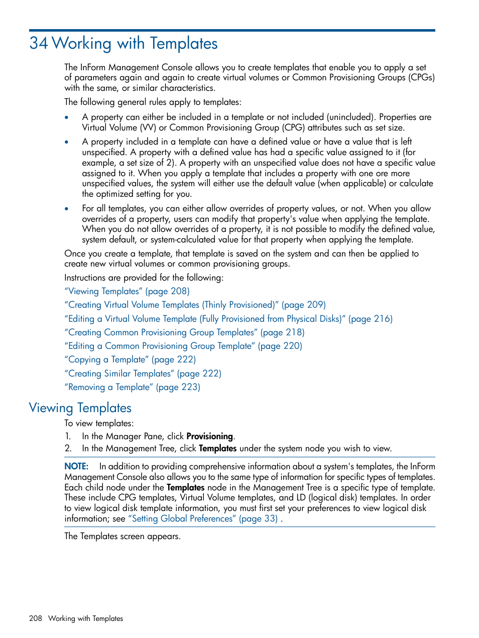 34 working with templates, Viewing templates | HP 3PAR Operating System Software User Manual | Page 208 / 328