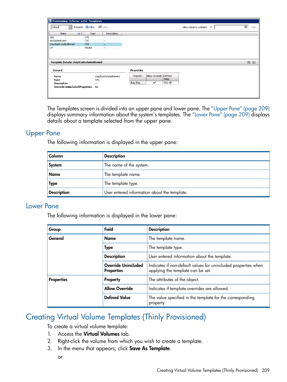 Upper pane, Lower pane, Upper pane lower pane | HP 3PAR Operating System Software User Manual | Page 209 / 328