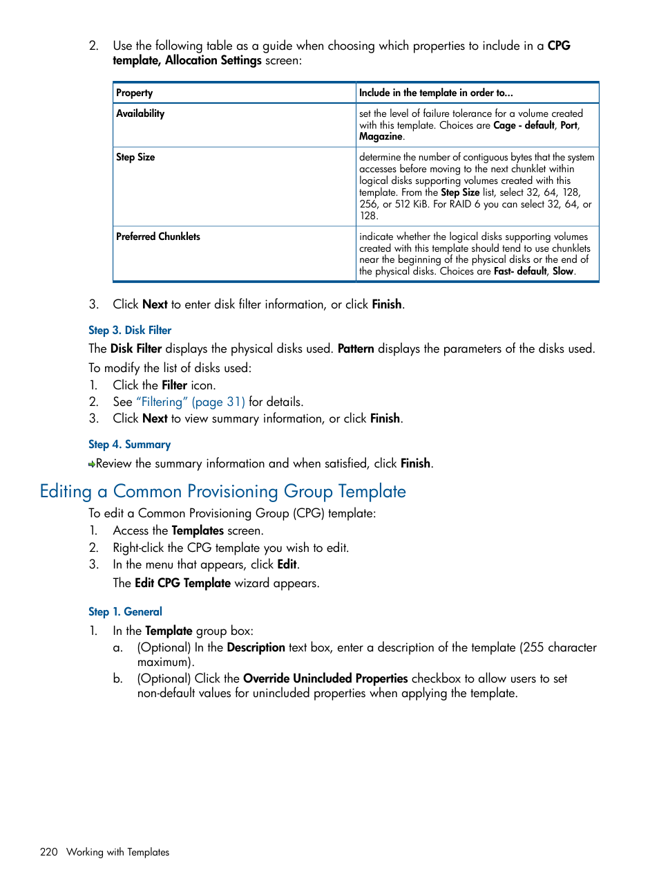 Editing a common provisioning group template | HP 3PAR Operating System Software User Manual | Page 220 / 328