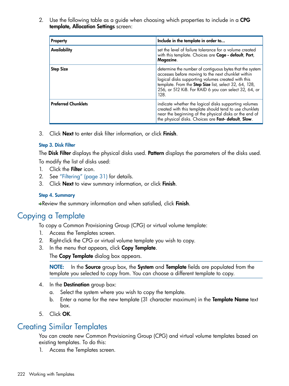 Copying a template, Creating similar templates, Copying a template creating similar templates | HP 3PAR Operating System Software User Manual | Page 222 / 328