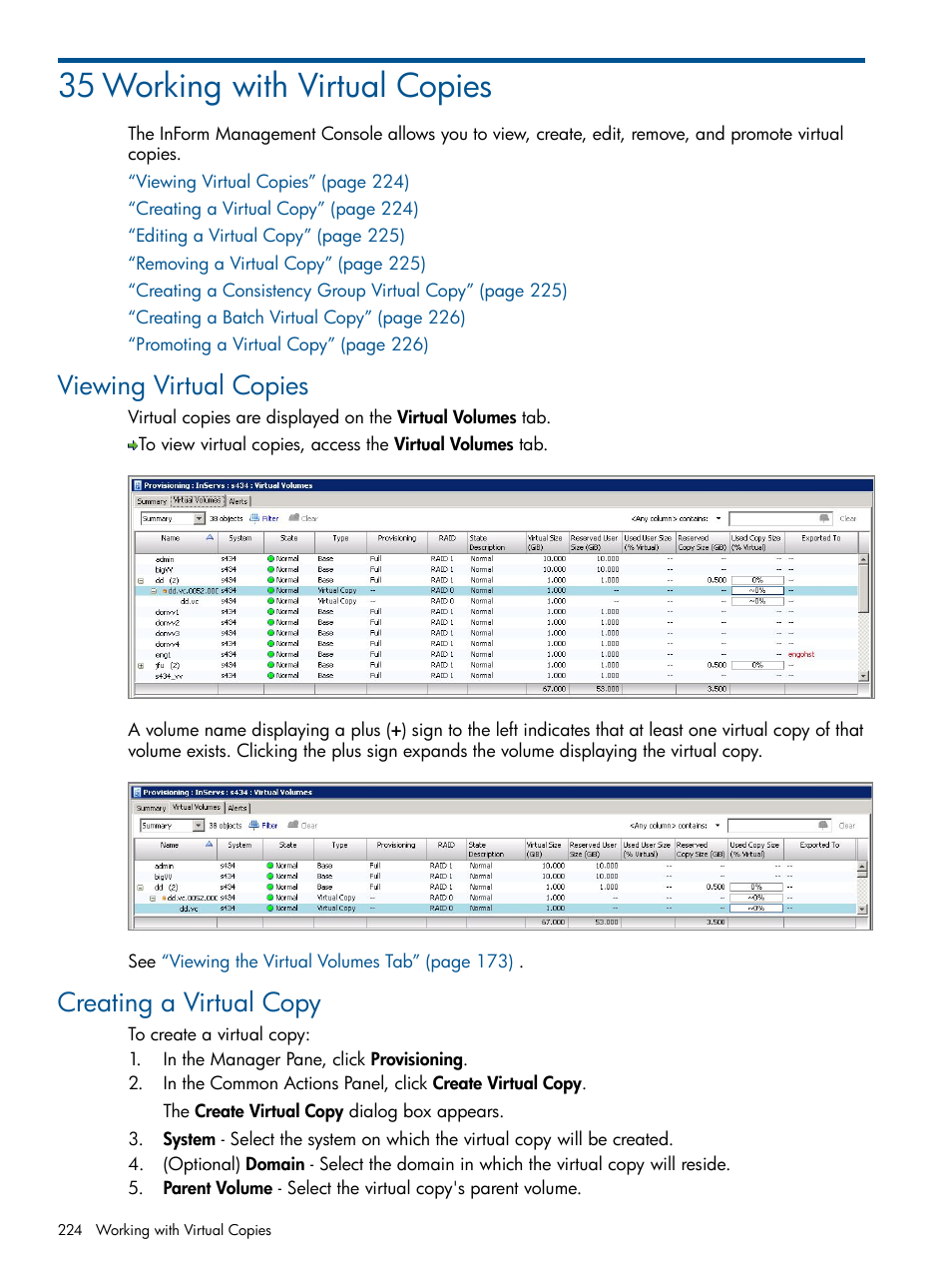 35 working with virtual copies, Viewing virtual copies, Creating a virtual copy | Viewing virtual copies creating a virtual copy | HP 3PAR Operating System Software User Manual | Page 224 / 328