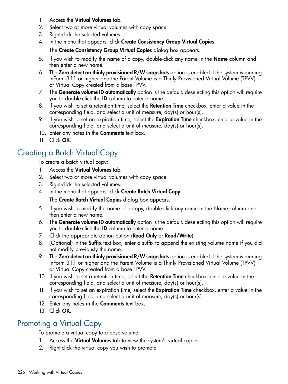 Creating a batch virtual copy, Promoting a virtual copy | HP 3PAR Operating System Software User Manual | Page 226 / 328