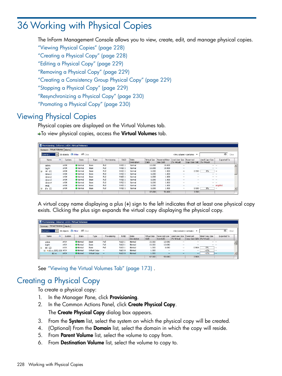 36 working with physical copies, Viewing physical copies, Creating a physical copy | Viewing physical copies creating a physical copy | HP 3PAR Operating System Software User Manual | Page 228 / 328