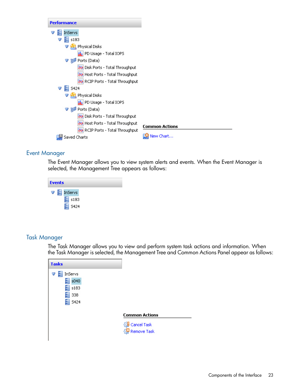Event manager, Task manager, Event manager task manager | HP 3PAR Operating System Software User Manual | Page 23 / 328