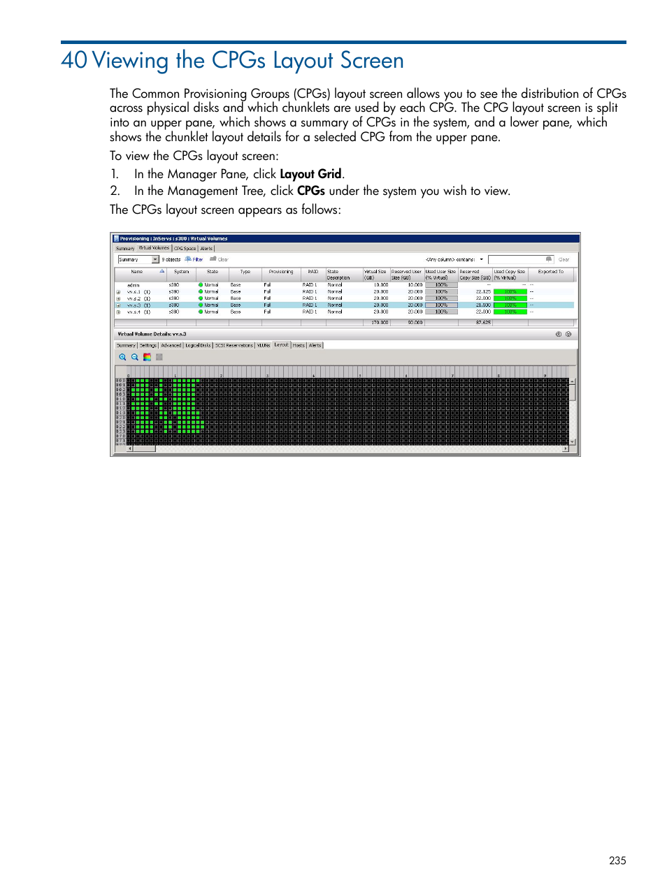 40 viewing the cpgs layout screen | HP 3PAR Operating System Software User Manual | Page 235 / 328