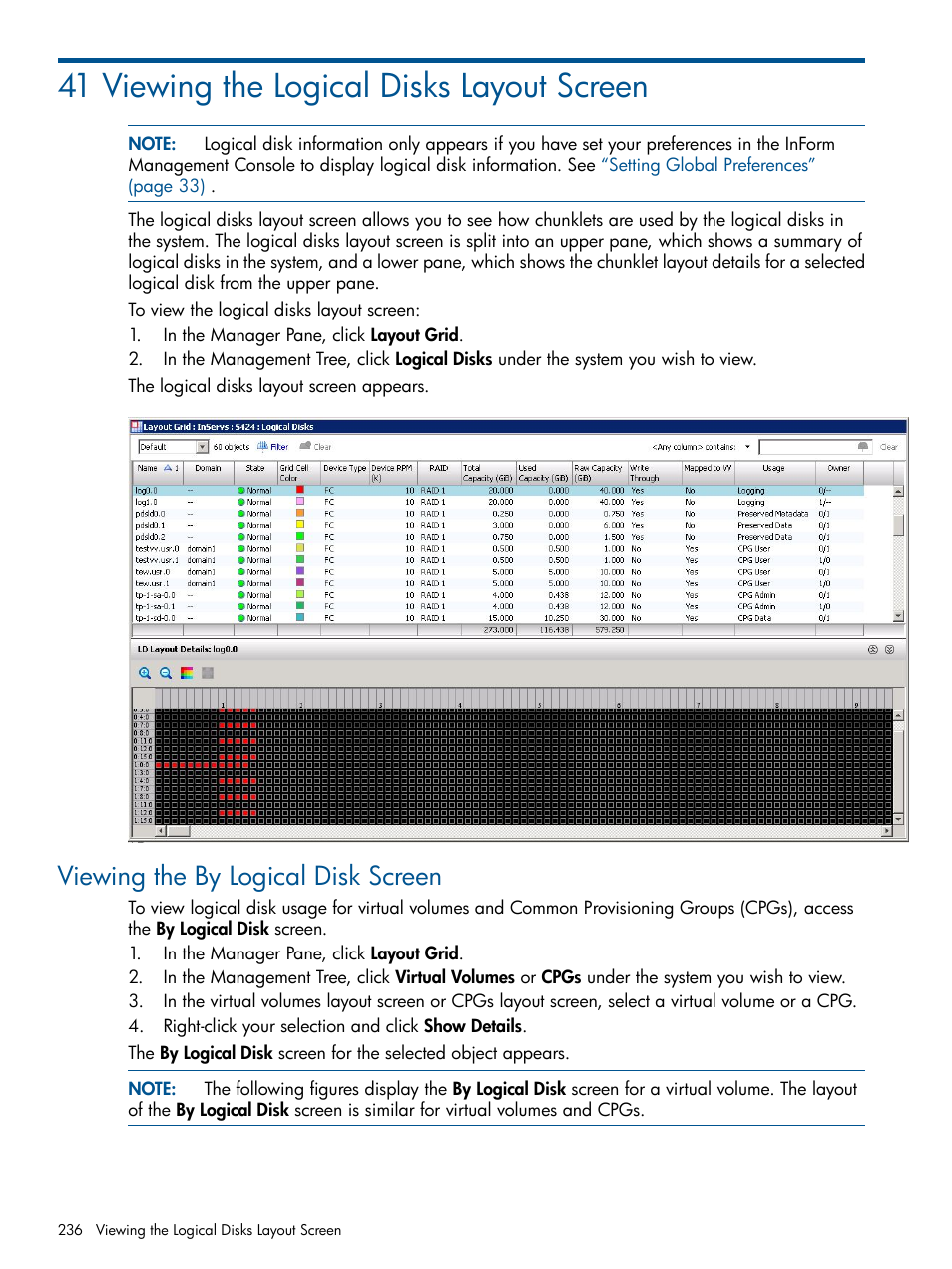 41 viewing the logical disks layout screen, Viewing the by logical disk screen | HP 3PAR Operating System Software User Manual | Page 236 / 328