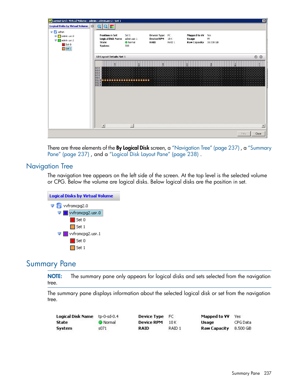 Navigation tree, Summary pane | HP 3PAR Operating System Software User Manual | Page 237 / 328