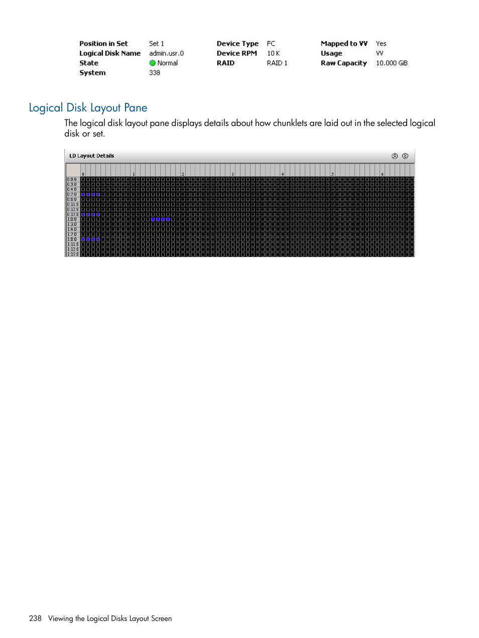 Logical disk layout pane | HP 3PAR Operating System Software User Manual | Page 238 / 328