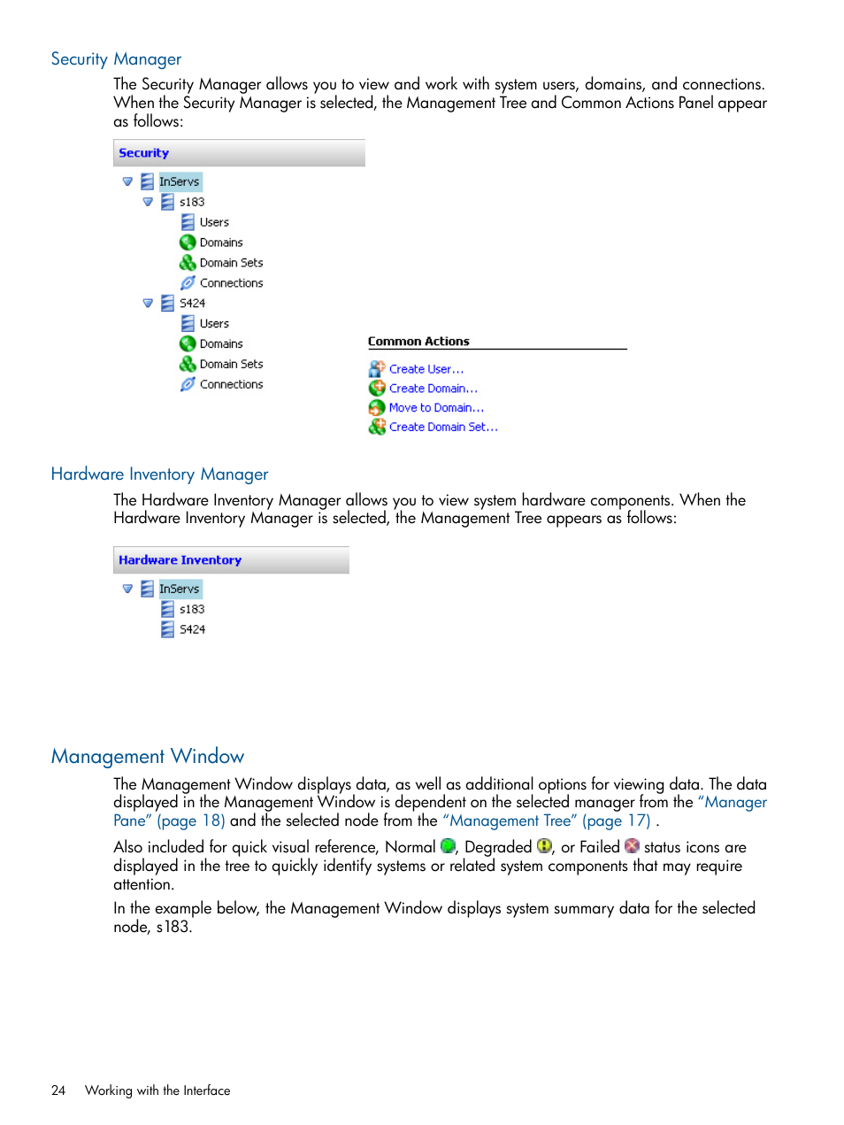 Security manager, Hardware inventory manager, Management window | Security manager hardware inventory manager | HP 3PAR Operating System Software User Manual | Page 24 / 328