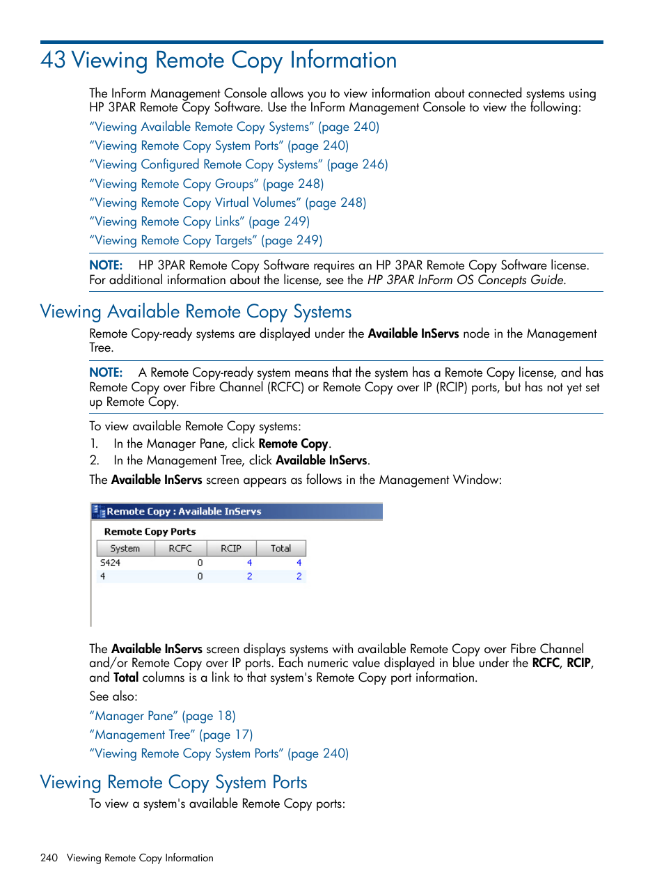 43 viewing remote copy information, Viewing available remote copy systems, Viewing remote copy system ports | HP 3PAR Operating System Software User Manual | Page 240 / 328