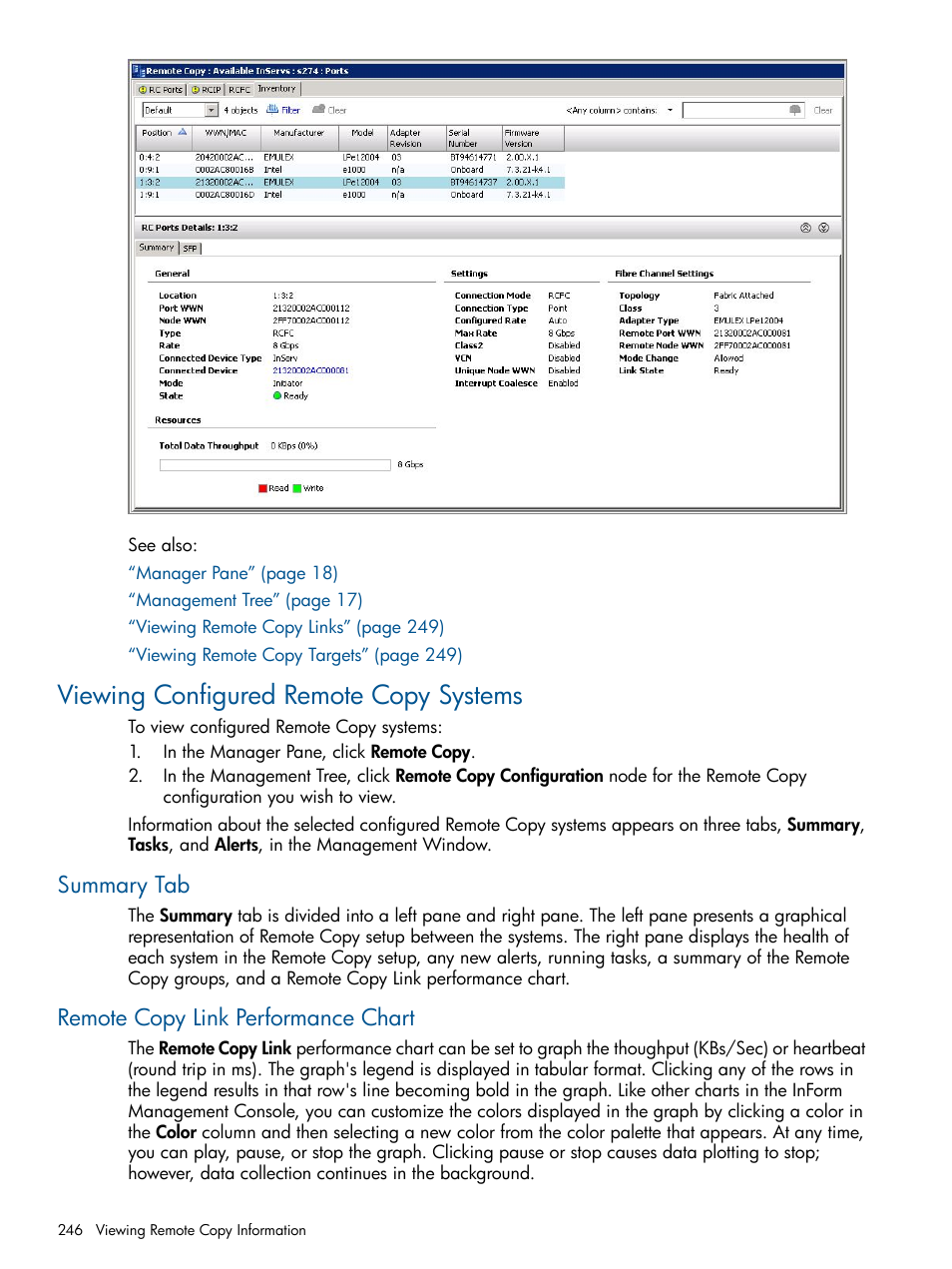 Viewing configured remote copy systems, Summary tab, Remote copy link performance chart | Summary tab remote copy link performance chart | HP 3PAR Operating System Software User Manual | Page 246 / 328