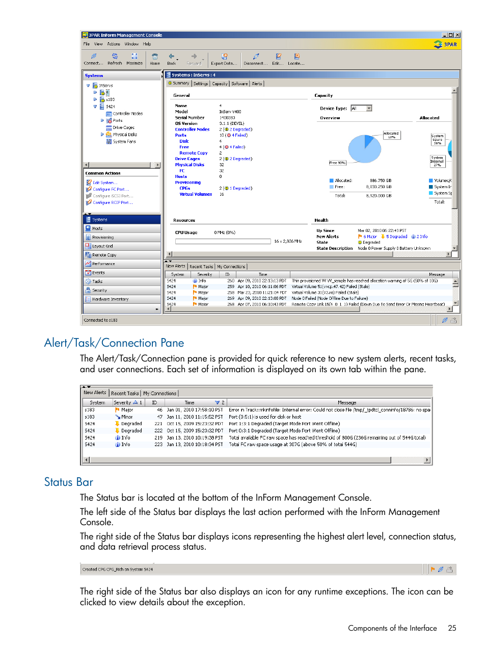 Alert/task/connection pane, Status bar, Alert/task/connection pane status bar | HP 3PAR Operating System Software User Manual | Page 25 / 328
