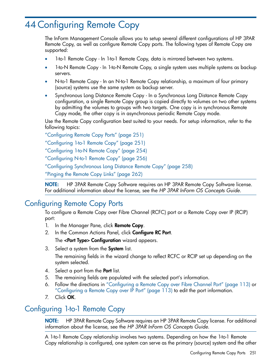 44 configuring remote copy, Configuring remote copy ports, Configuring 1-to-1 remote copy | HP 3PAR Operating System Software User Manual | Page 251 / 328