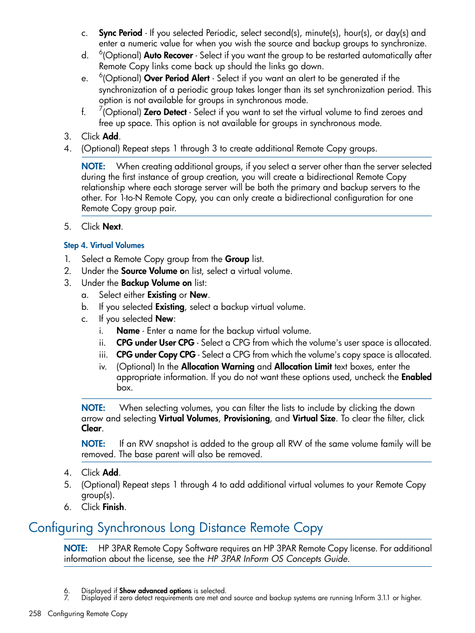 Configuring synchronous long distance remote copy | HP 3PAR Operating System Software User Manual | Page 258 / 328