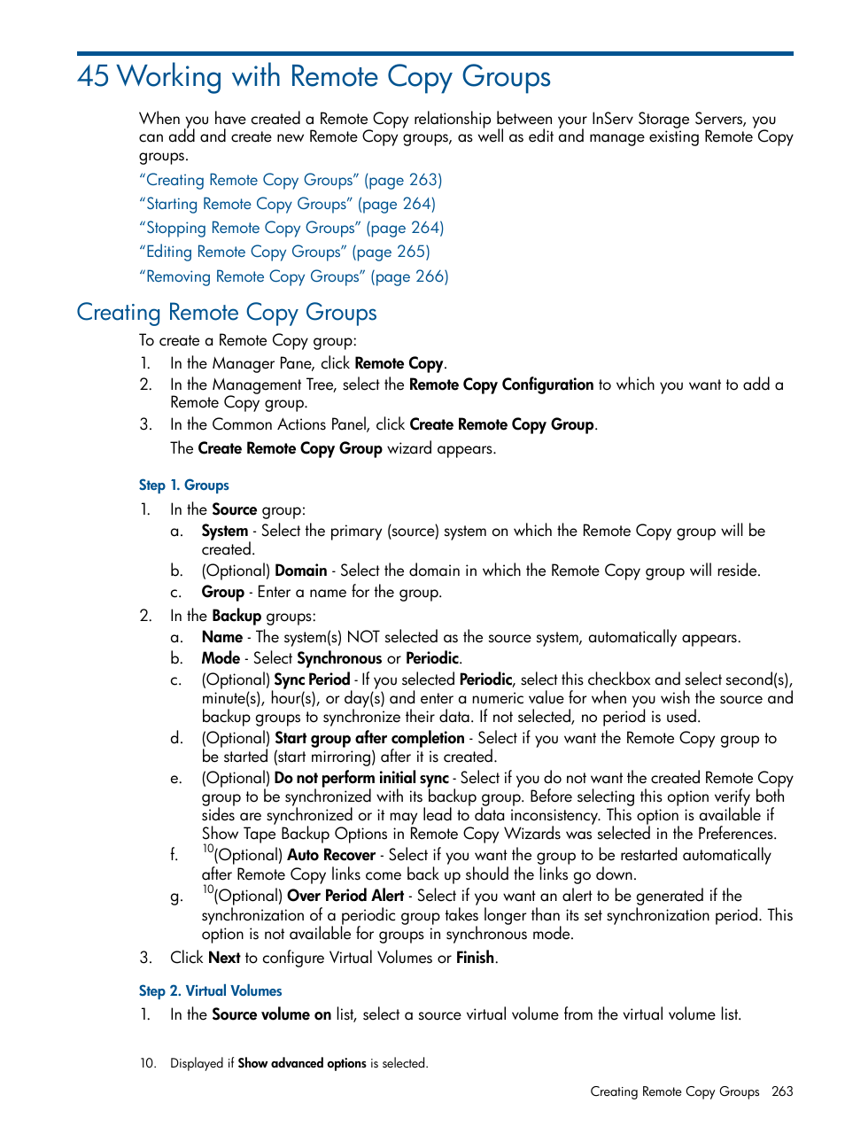 45 working with remote copy groups, Creating remote copy groups | HP 3PAR Operating System Software User Manual | Page 263 / 328