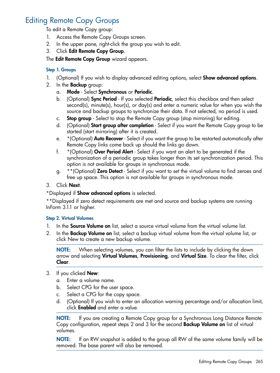 Editing remote copy groups | HP 3PAR Operating System Software User Manual | Page 265 / 328