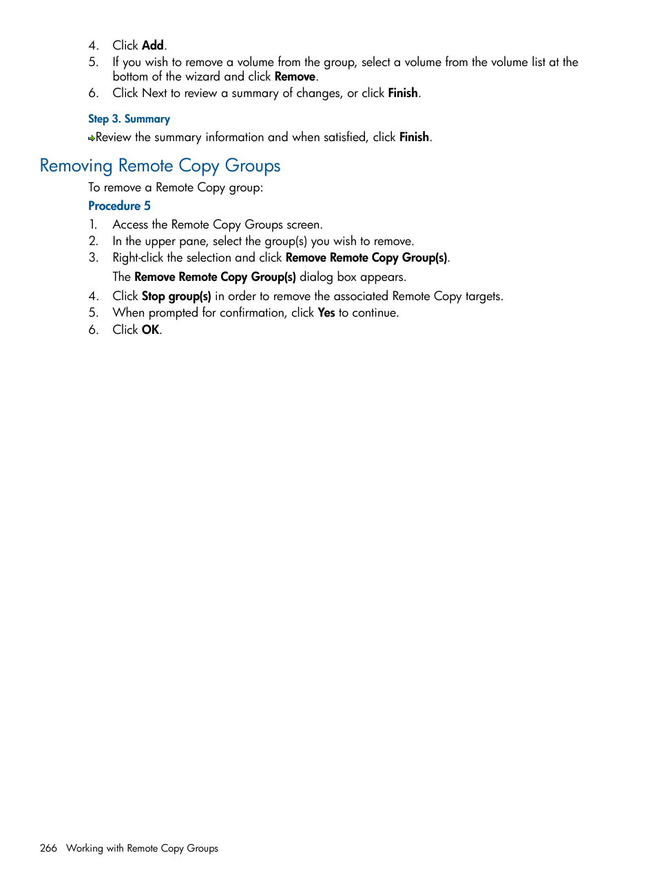 Removing remote copy groups | HP 3PAR Operating System Software User Manual | Page 266 / 328