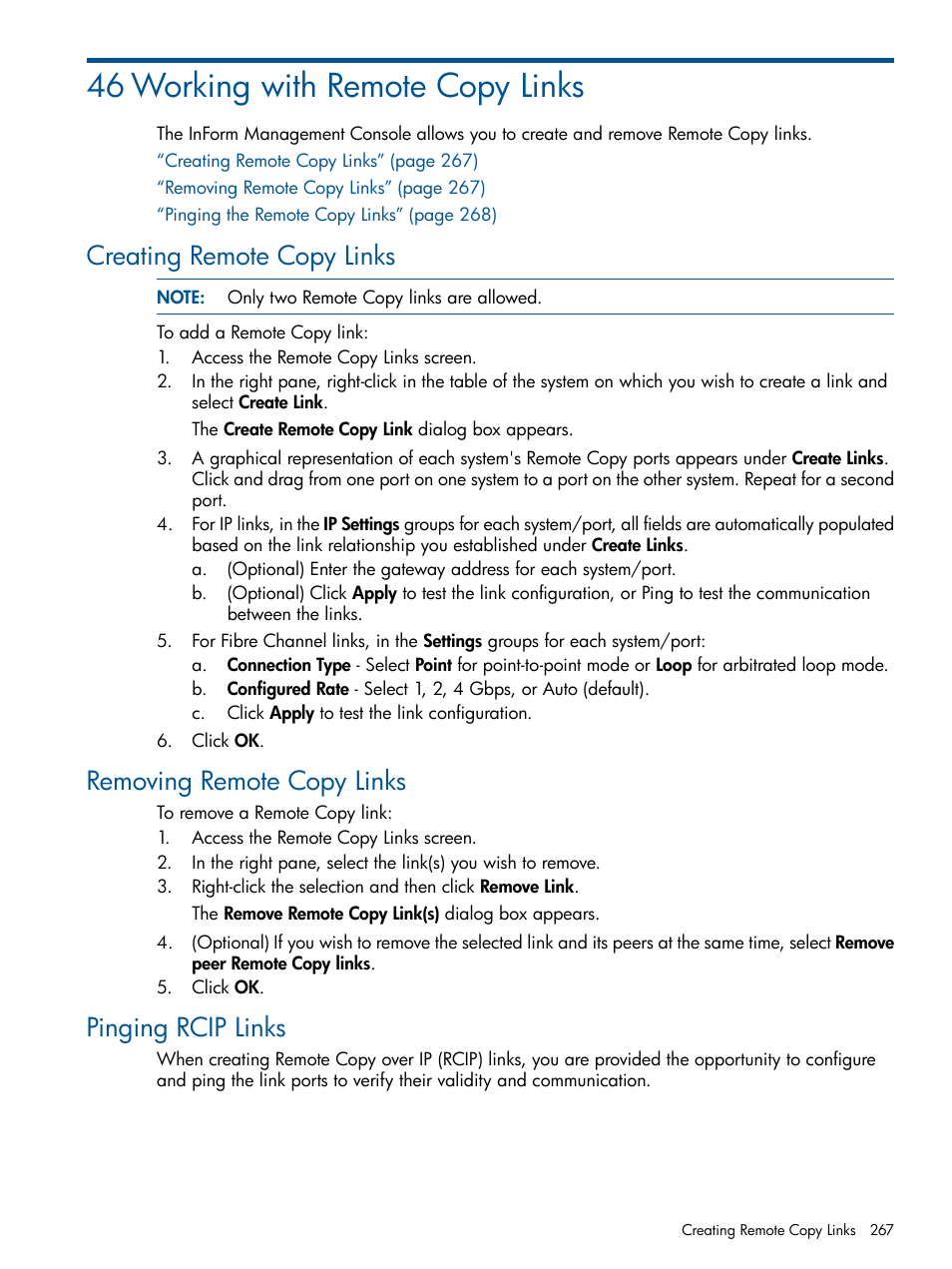 46 working with remote copy links, Creating remote copy links, Removing remote copy links | Pinging rcip links | HP 3PAR Operating System Software User Manual | Page 267 / 328