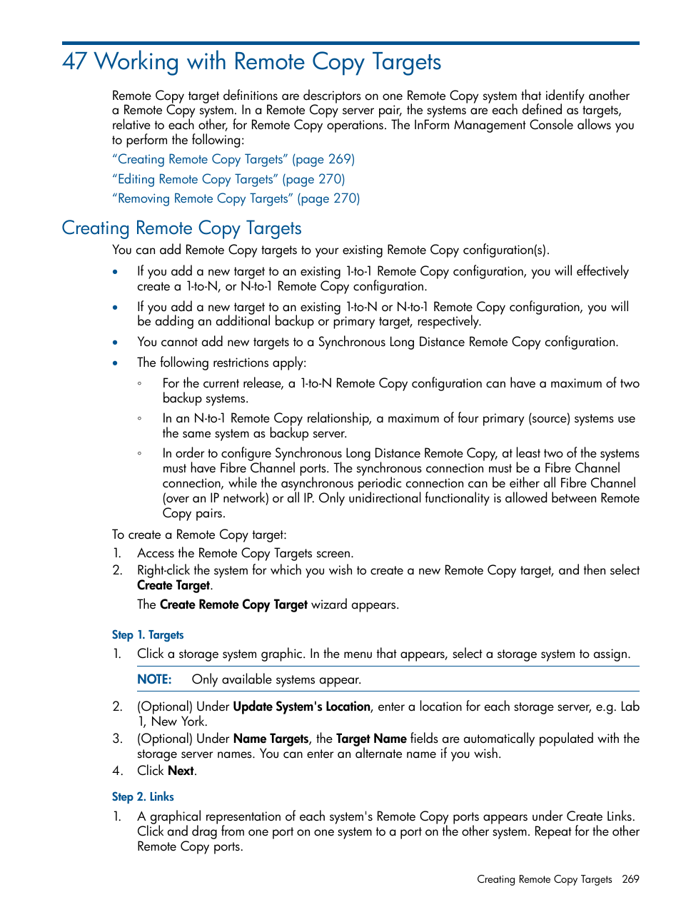47 working with remote copy targets, Creating remote copy targets | HP 3PAR Operating System Software User Manual | Page 269 / 328