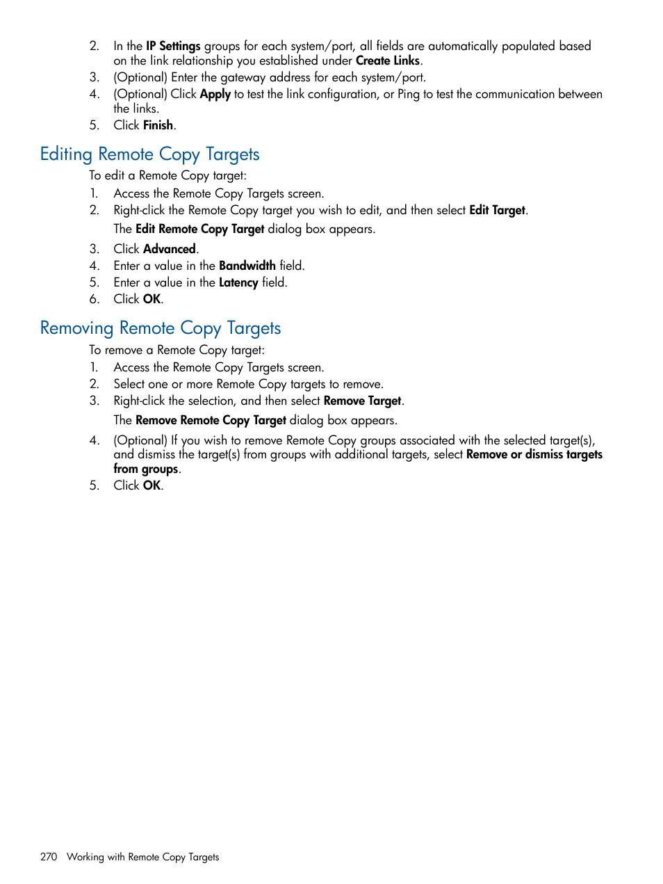 Editing remote copy targets, Removing remote copy targets | HP 3PAR Operating System Software User Manual | Page 270 / 328