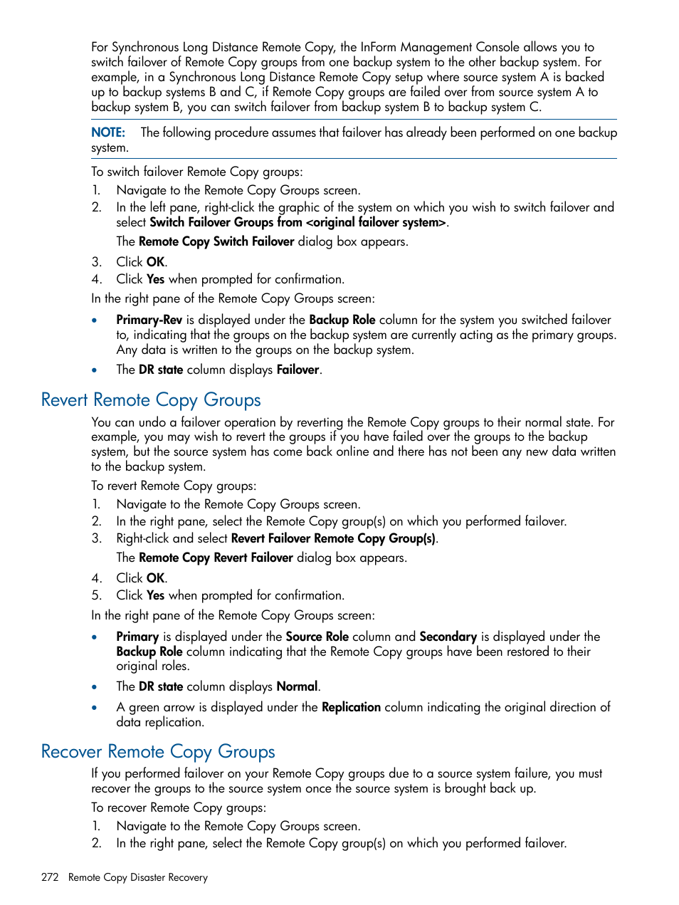 Revert remote copy groups, Recover remote copy groups | HP 3PAR Operating System Software User Manual | Page 272 / 328