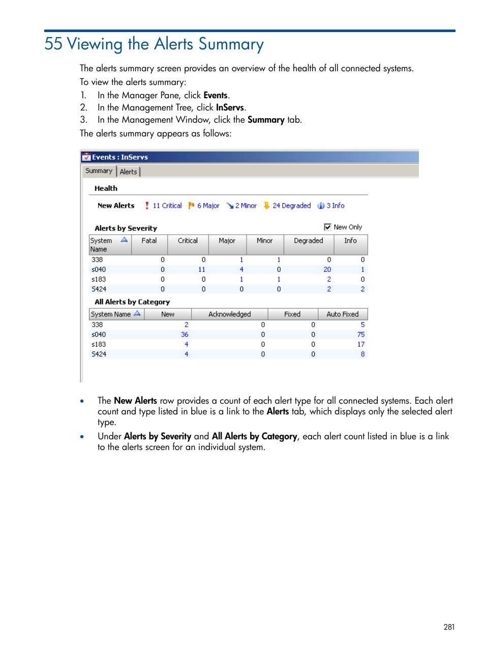 55 viewing the alerts summary | HP 3PAR Operating System Software User Manual | Page 281 / 328