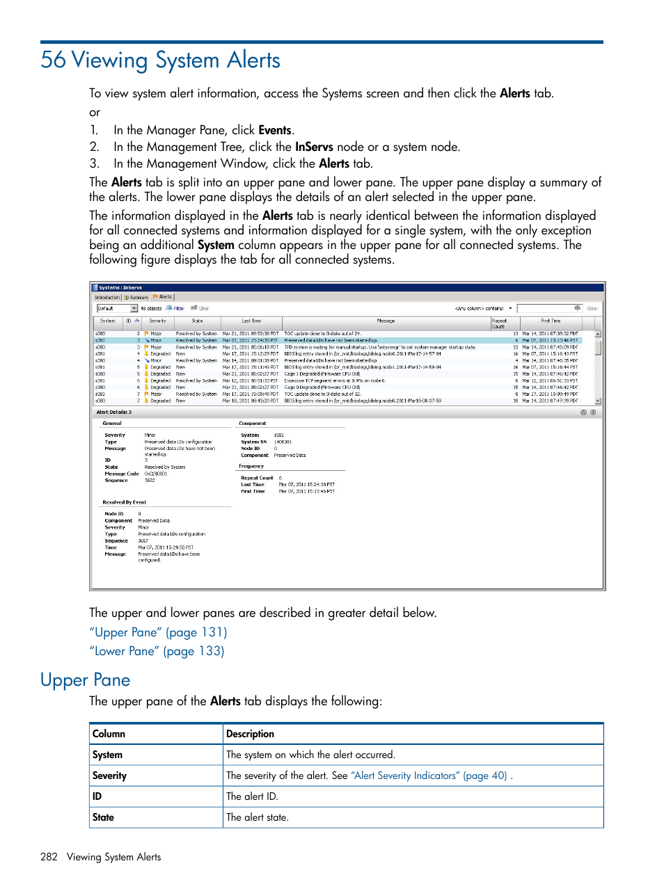 56 viewing system alerts, Upper pane | HP 3PAR Operating System Software User Manual | Page 282 / 328
