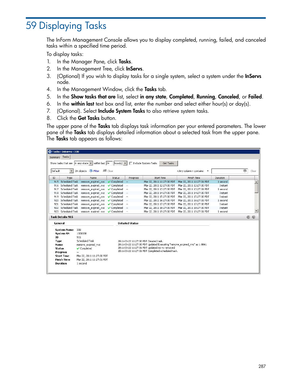 59 displaying tasks, Displaying | HP 3PAR Operating System Software User Manual | Page 287 / 328