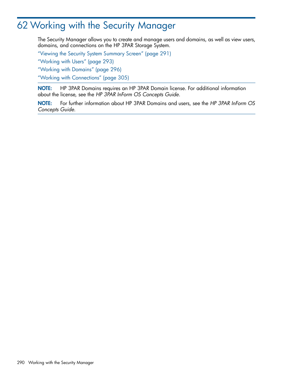62 working with the security manager | HP 3PAR Operating System Software User Manual | Page 290 / 328
