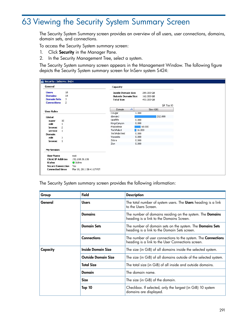 63 viewing the security system summary screen | HP 3PAR Operating System Software User Manual | Page 291 / 328