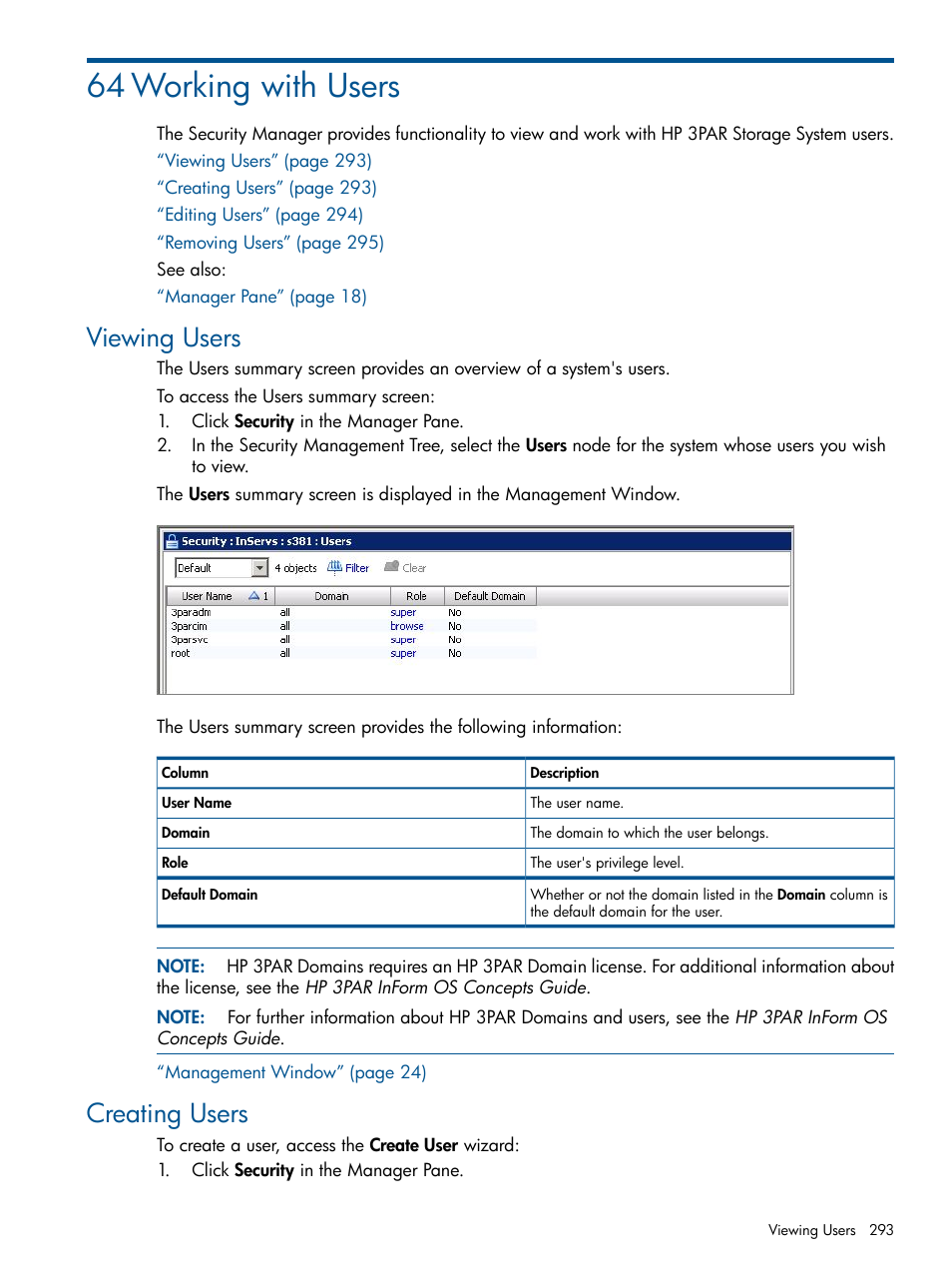 64 working with users, Viewing users, Creating users | Viewing users creating users | HP 3PAR Operating System Software User Manual | Page 293 / 328