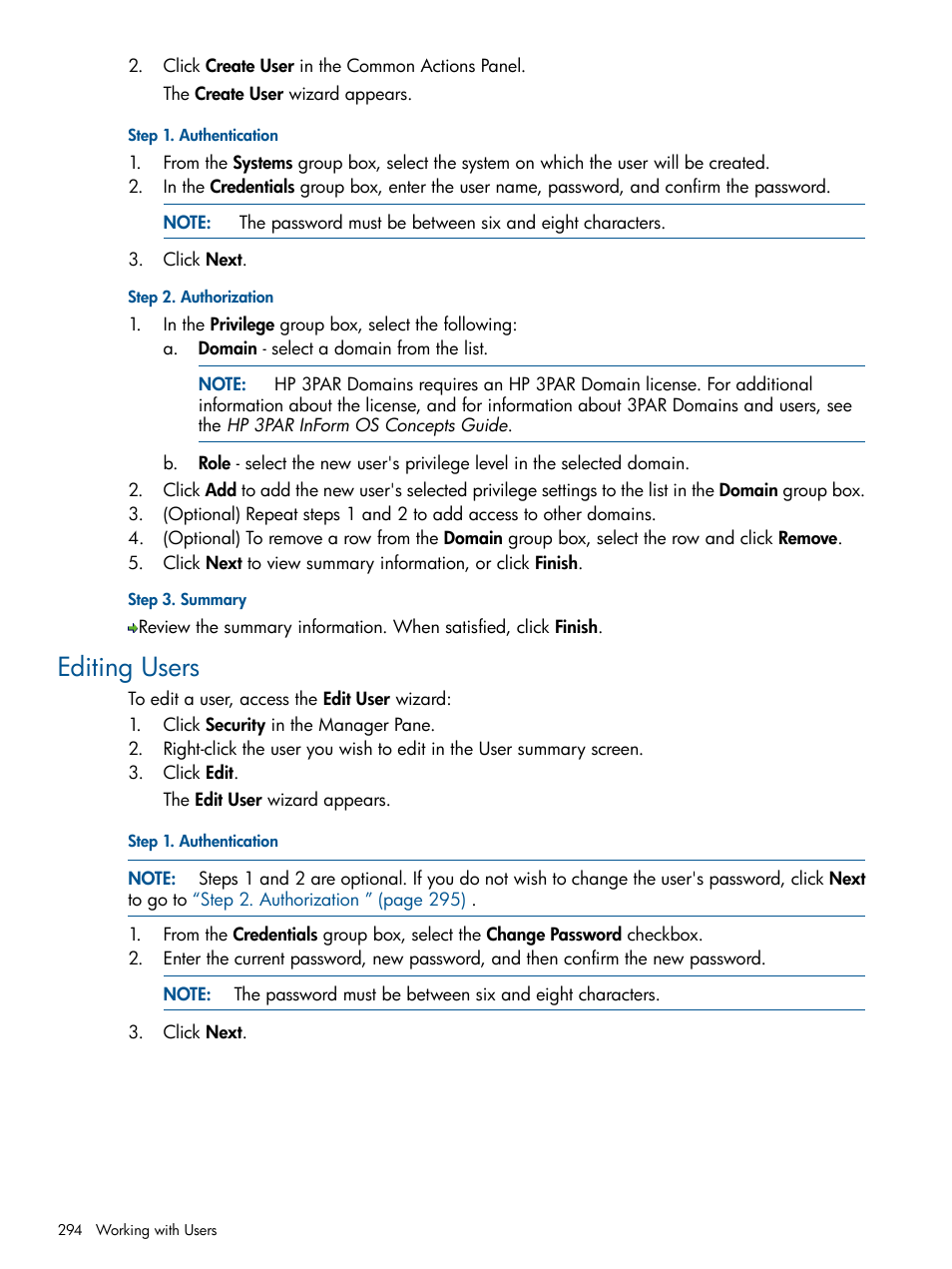 Editing users | HP 3PAR Operating System Software User Manual | Page 294 / 328