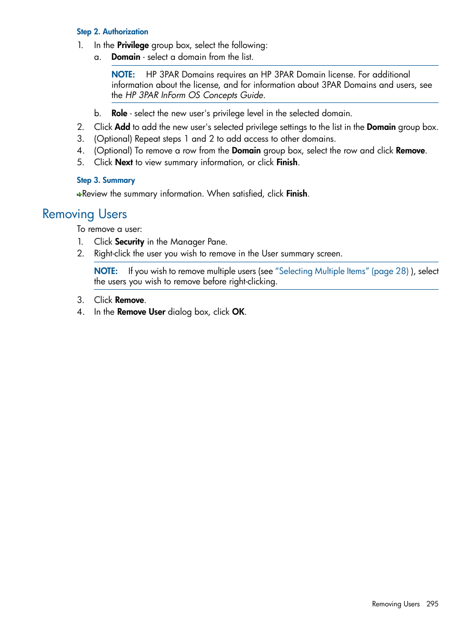 Removing users | HP 3PAR Operating System Software User Manual | Page 295 / 328