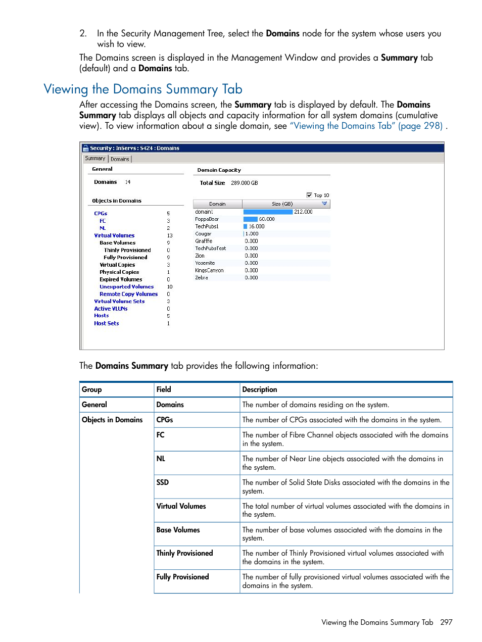 Viewing the domains summary tab | HP 3PAR Operating System Software User Manual | Page 297 / 328