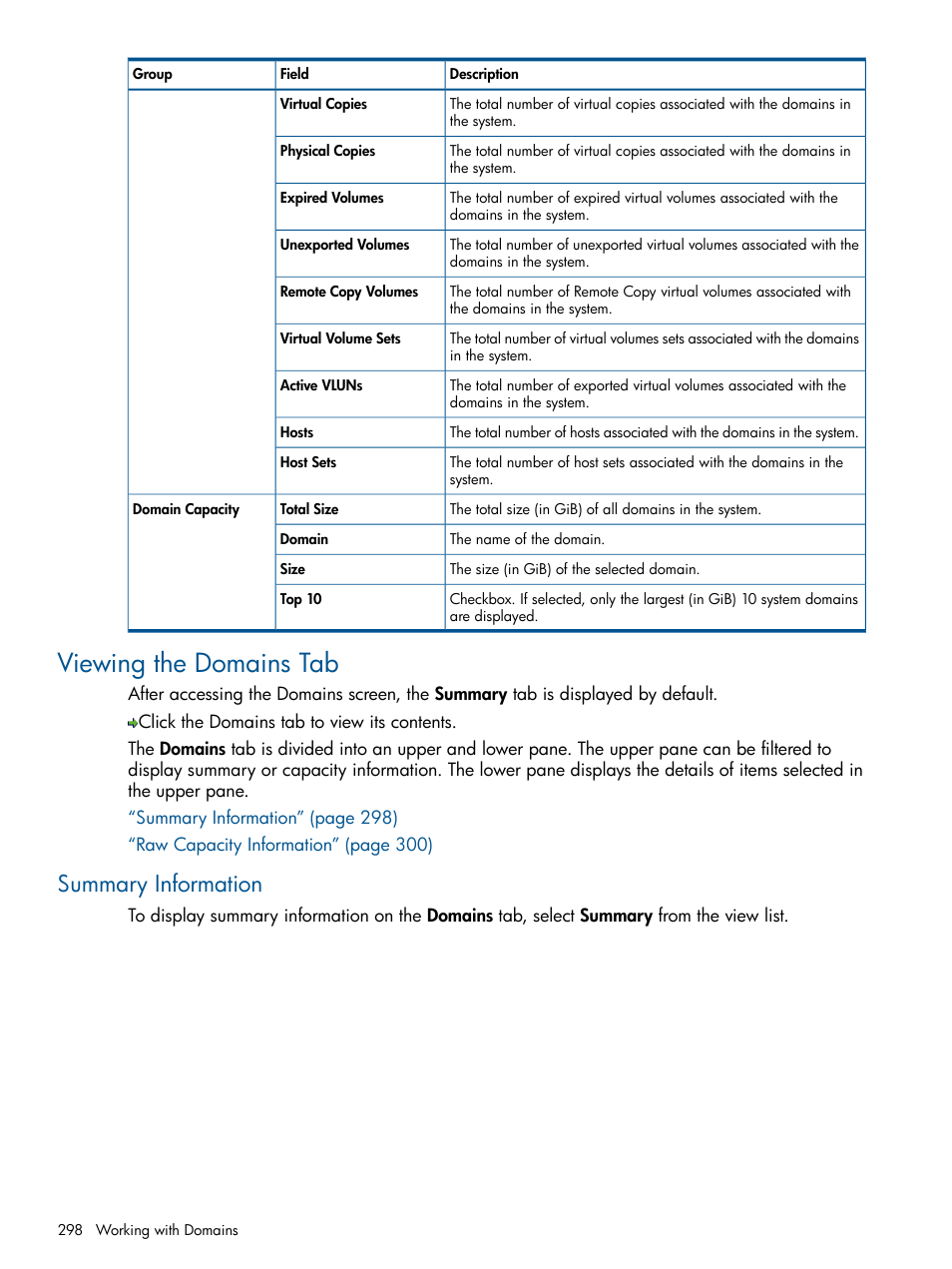 Viewing the domains tab, Summary information | HP 3PAR Operating System Software User Manual | Page 298 / 328