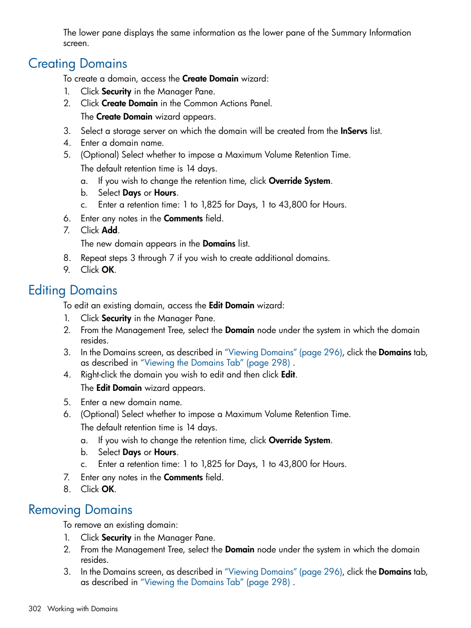 Creating domains, Editing domains, Removing domains | Creating domains editing domains removing domains | HP 3PAR Operating System Software User Manual | Page 302 / 328