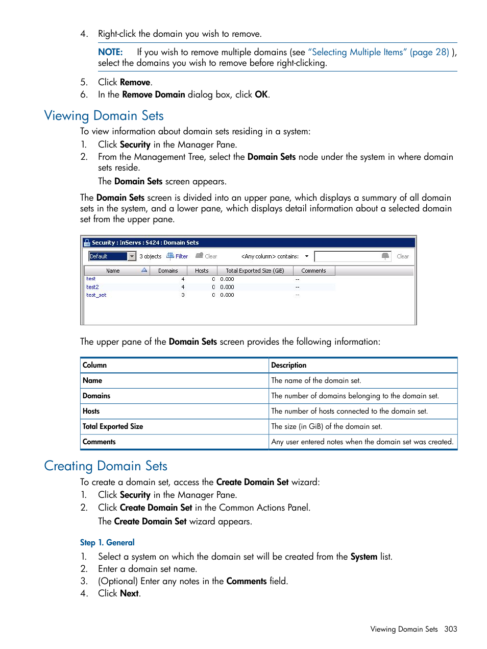 Viewing domain sets, Creating domain sets, Viewing domain sets creating domain sets | HP 3PAR Operating System Software User Manual | Page 303 / 328