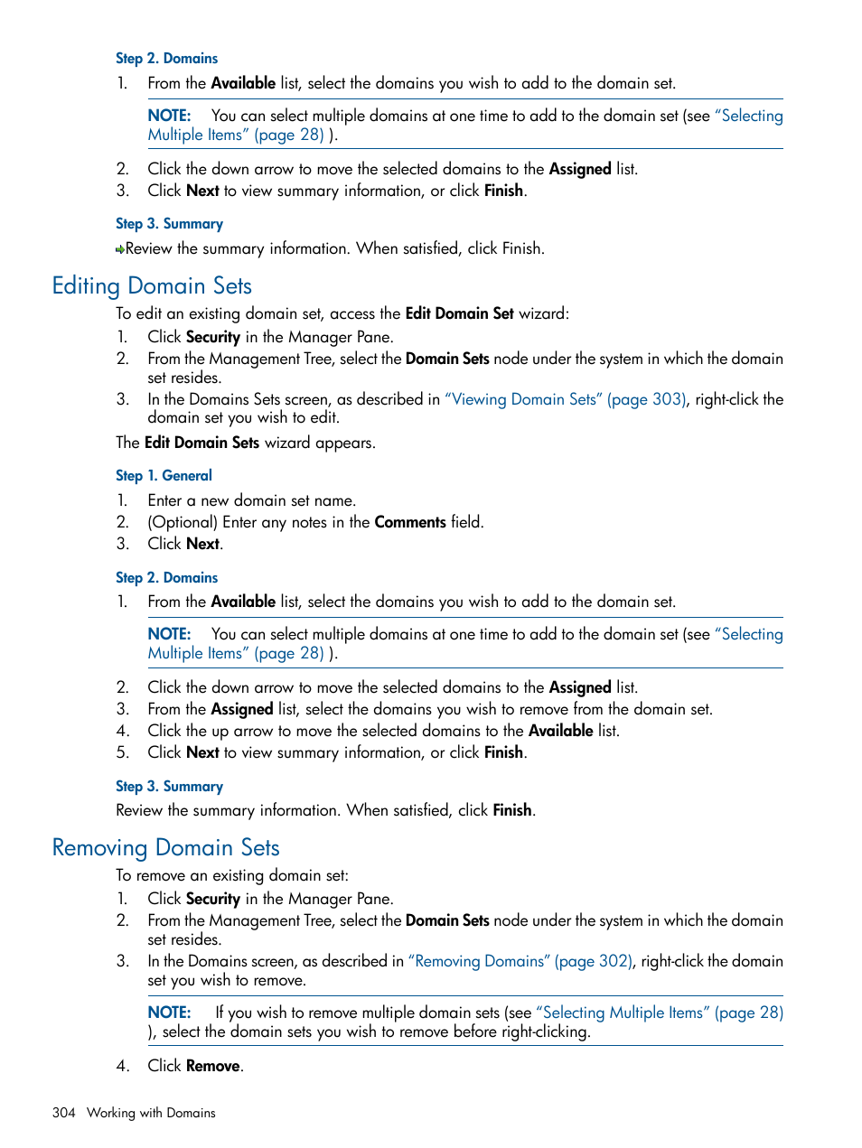 Editing domain sets, Removing domain sets, Editing domain sets removing domain sets | HP 3PAR Operating System Software User Manual | Page 304 / 328