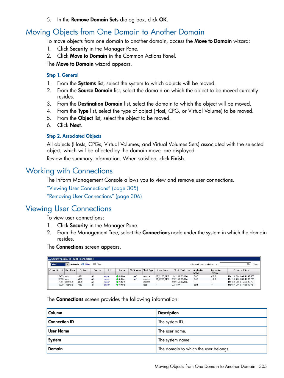 Moving objects from one domain to another domain, Working with connections, Viewing user connections | HP 3PAR Operating System Software User Manual | Page 305 / 328