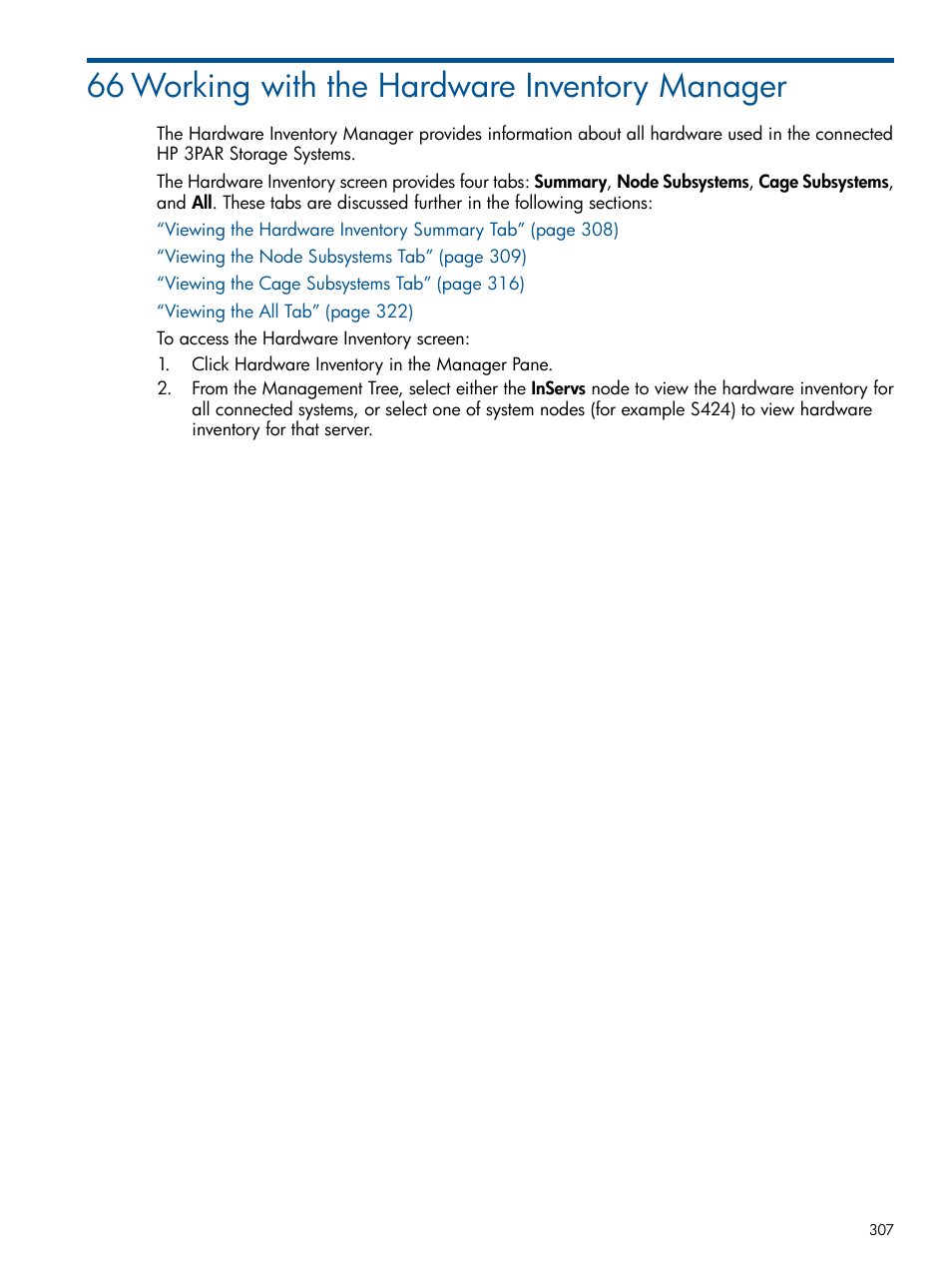 66 working with the hardware inventory manager | HP 3PAR Operating System Software User Manual | Page 307 / 328