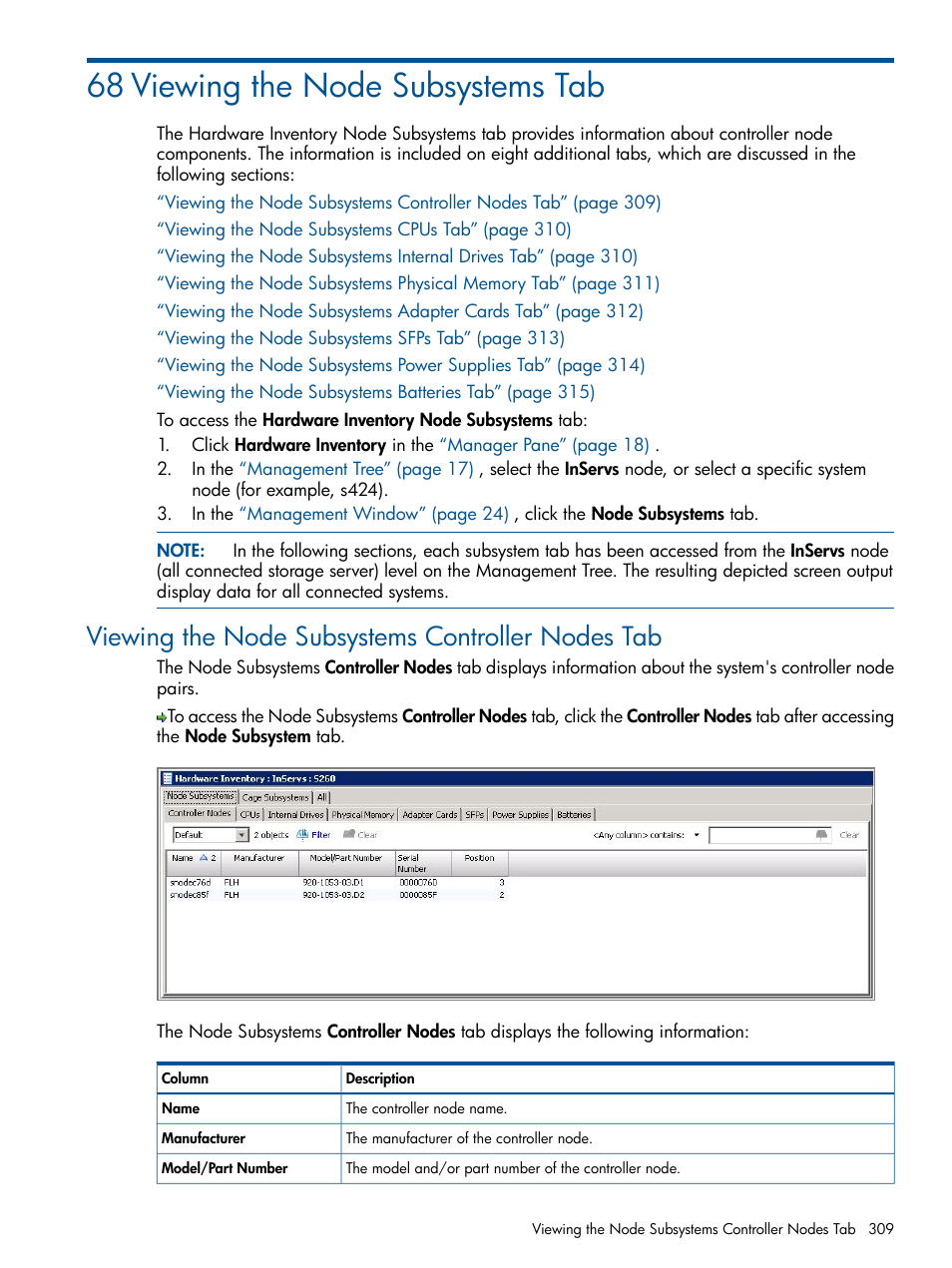 68 viewing the node subsystems tab, Viewing the node subsystems controller nodes tab | HP 3PAR Operating System Software User Manual | Page 309 / 328