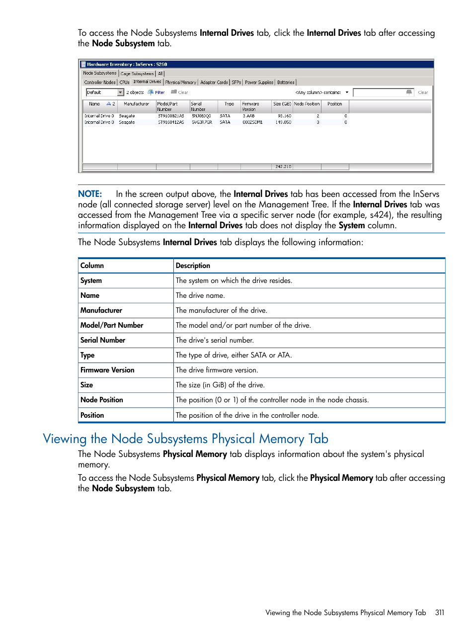 Viewing the node subsystems physical memory tab | HP 3PAR Operating System Software User Manual | Page 311 / 328