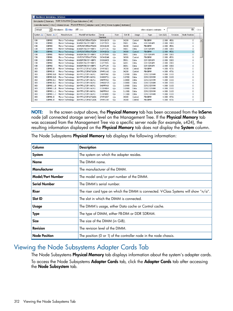 Viewing the node subsystems adapter cards tab | HP 3PAR Operating System Software User Manual | Page 312 / 328